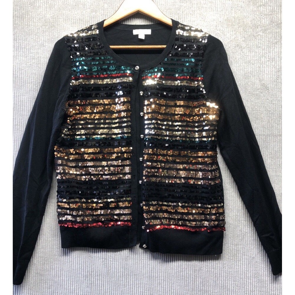 Charter Club Cardigan Womens M Black Sequin Jewel Buttons Sparkle Holiday Party